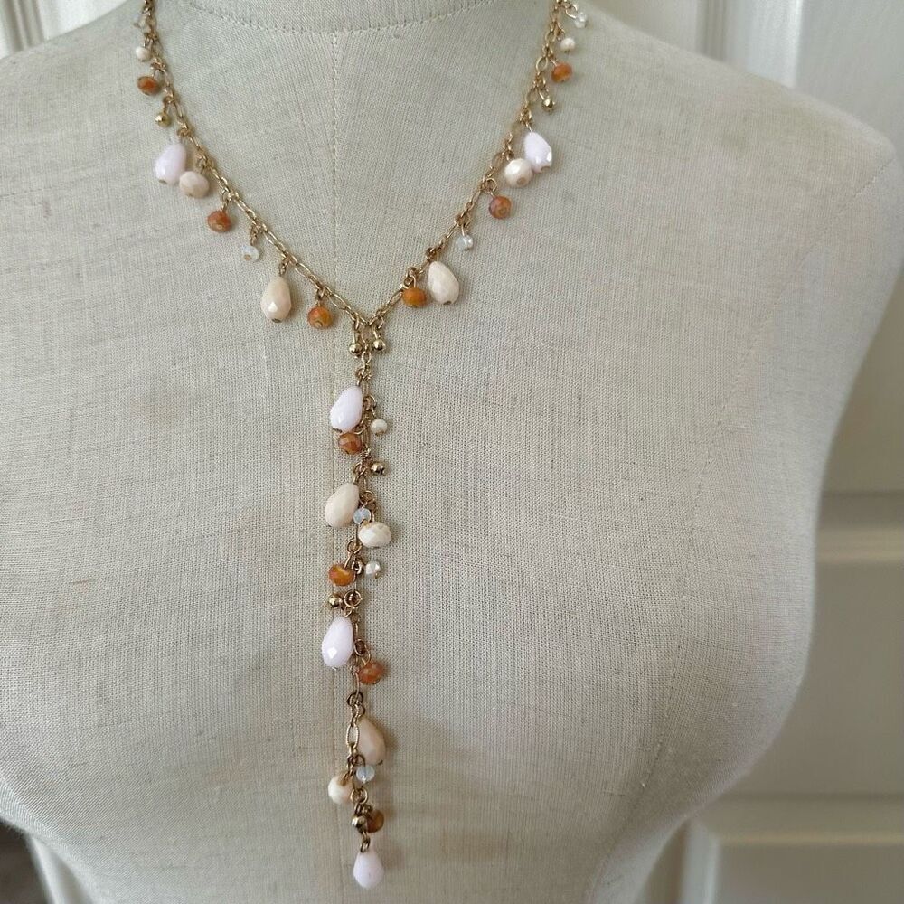 AA  gold tone long beaded Y necklace